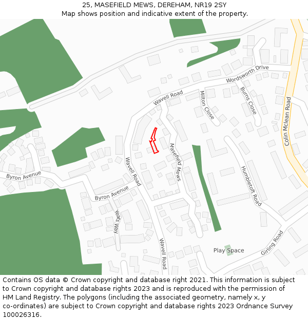 25, MASEFIELD MEWS, DEREHAM, NR19 2SY: Location map and indicative extent of plot