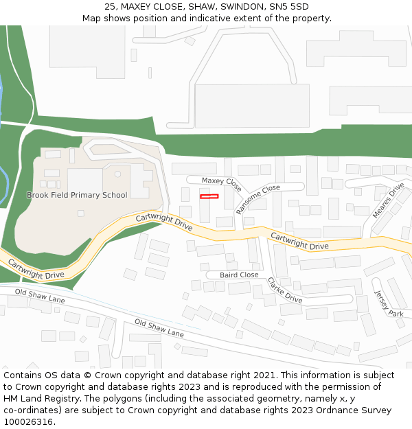 25, MAXEY CLOSE, SHAW, SWINDON, SN5 5SD: Location map and indicative extent of plot