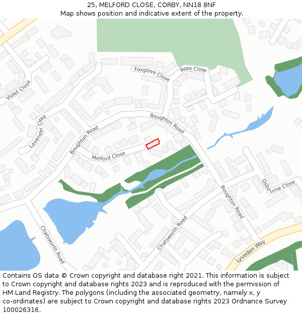 25, MELFORD CLOSE, CORBY, NN18 8NF: Location map and indicative extent of plot