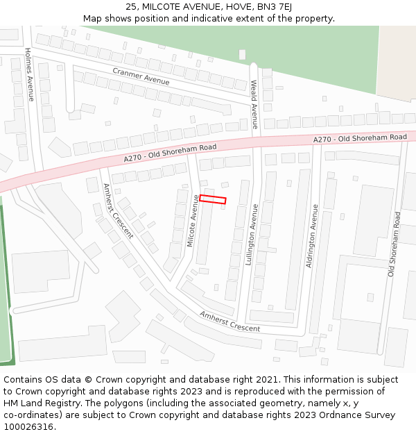 25, MILCOTE AVENUE, HOVE, BN3 7EJ: Location map and indicative extent of plot