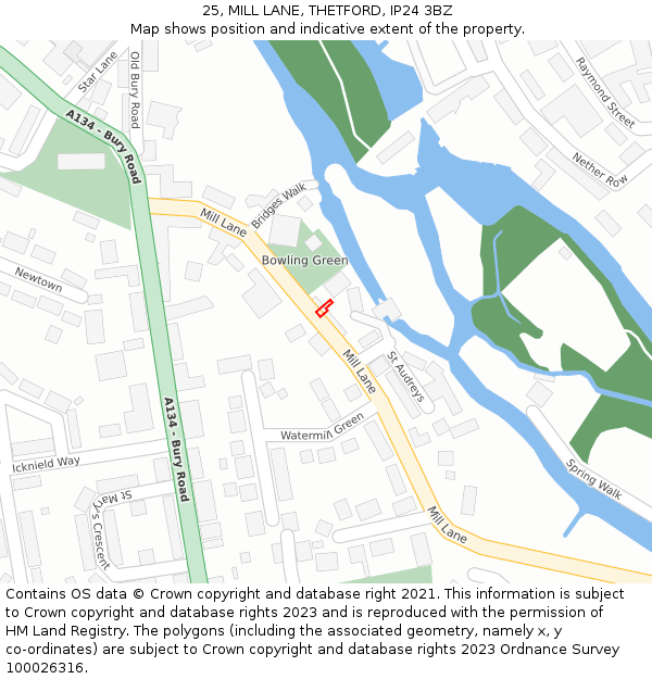 25, MILL LANE, THETFORD, IP24 3BZ: Location map and indicative extent of plot