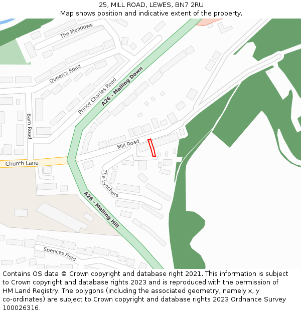 25, MILL ROAD, LEWES, BN7 2RU: Location map and indicative extent of plot