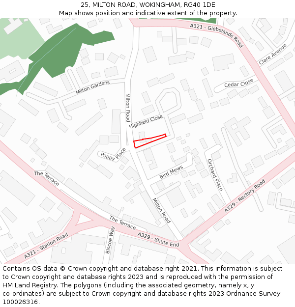 25, MILTON ROAD, WOKINGHAM, RG40 1DE: Location map and indicative extent of plot