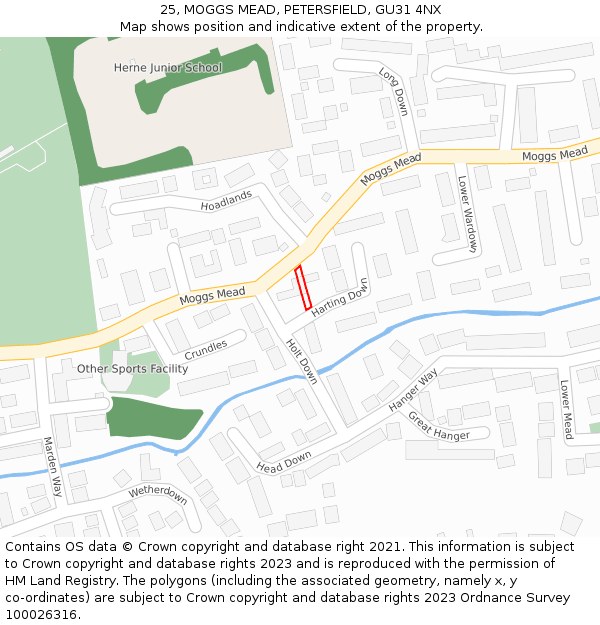25, MOGGS MEAD, PETERSFIELD, GU31 4NX: Location map and indicative extent of plot