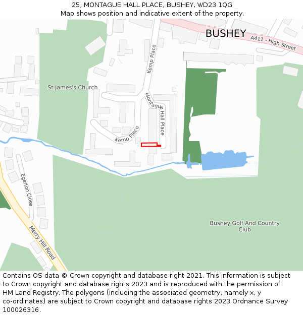 25, MONTAGUE HALL PLACE, BUSHEY, WD23 1QG: Location map and indicative extent of plot