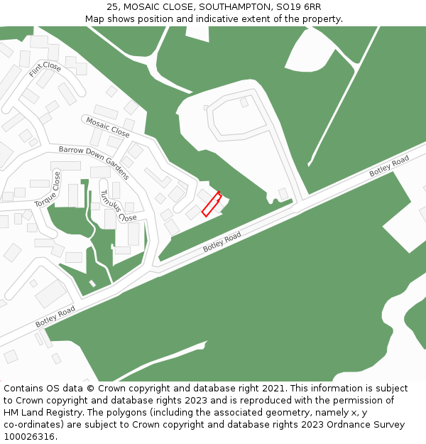 25, MOSAIC CLOSE, SOUTHAMPTON, SO19 6RR: Location map and indicative extent of plot