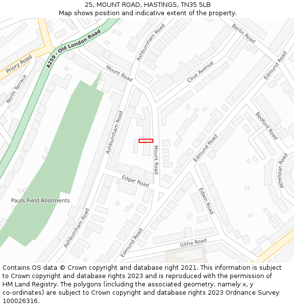 25, MOUNT ROAD, HASTINGS, TN35 5LB: Location map and indicative extent of plot