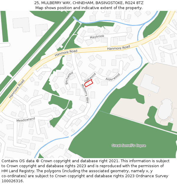 25, MULBERRY WAY, CHINEHAM, BASINGSTOKE, RG24 8TZ: Location map and indicative extent of plot