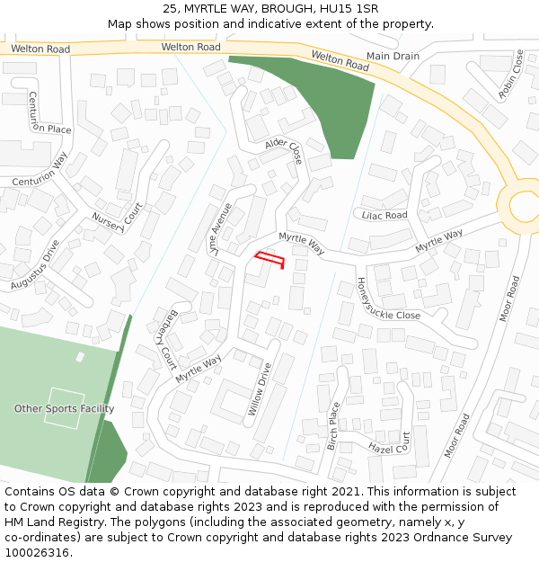 25, MYRTLE WAY, BROUGH, HU15 1SR: Location map and indicative extent of plot