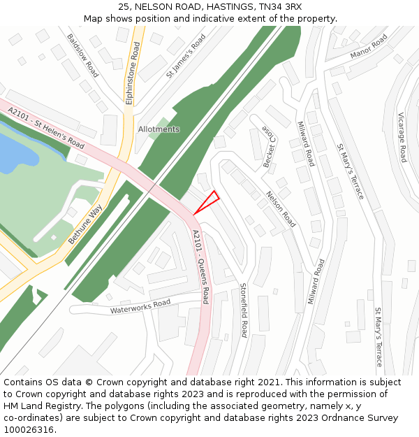 25, NELSON ROAD, HASTINGS, TN34 3RX: Location map and indicative extent of plot