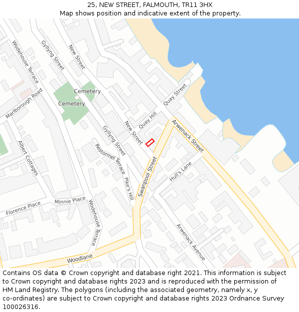 25, NEW STREET, FALMOUTH, TR11 3HX: Location map and indicative extent of plot