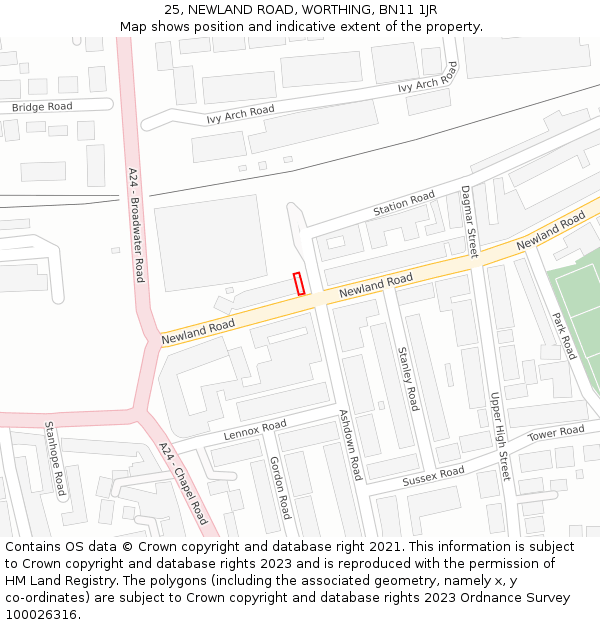 25, NEWLAND ROAD, WORTHING, BN11 1JR: Location map and indicative extent of plot