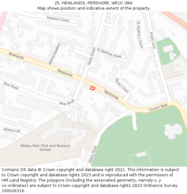 25, NEWLANDS, PERSHORE, WR10 1BW: Location map and indicative extent of plot