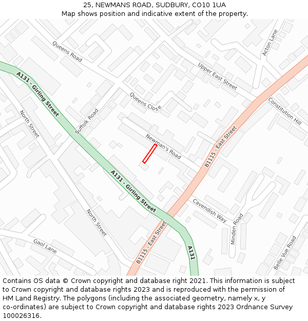 25, NEWMANS ROAD, SUDBURY, CO10 1UA: Location map and indicative extent of plot
