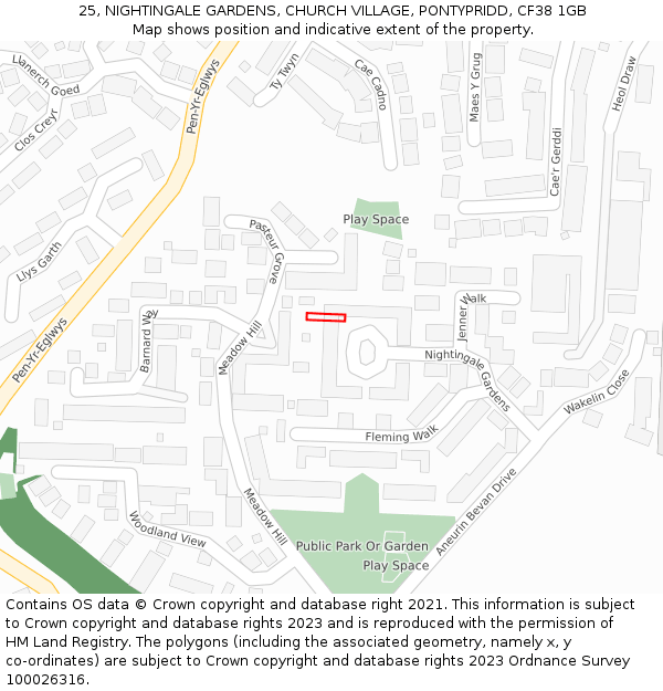 25, NIGHTINGALE GARDENS, CHURCH VILLAGE, PONTYPRIDD, CF38 1GB: Location map and indicative extent of plot