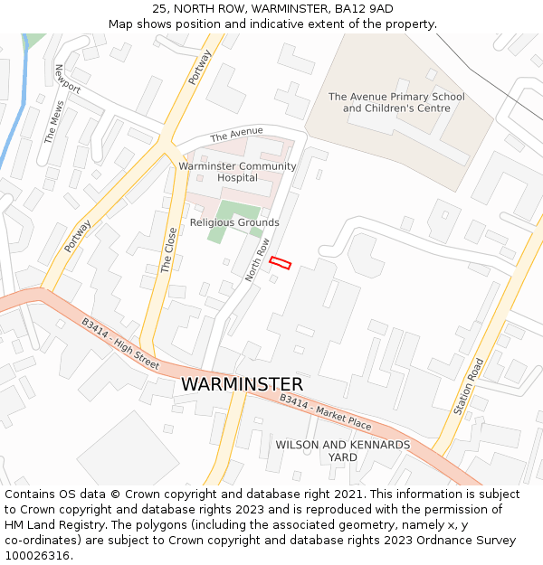 25, NORTH ROW, WARMINSTER, BA12 9AD: Location map and indicative extent of plot