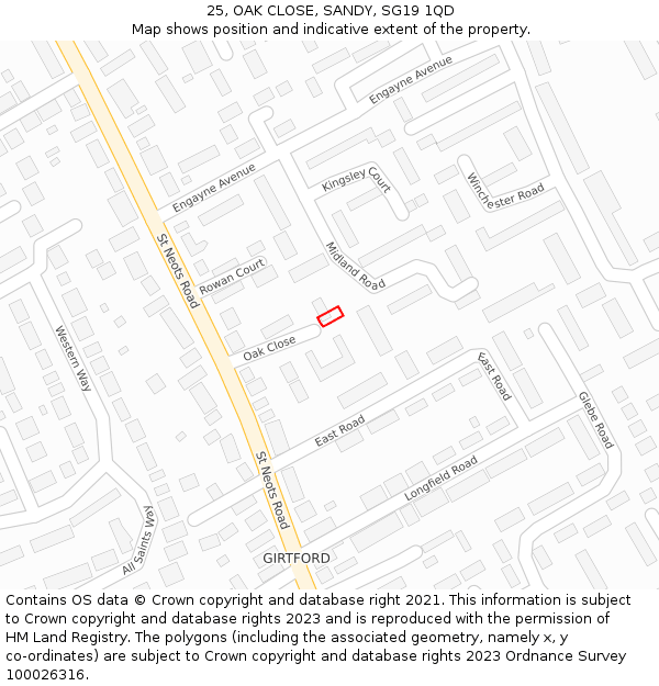 25, OAK CLOSE, SANDY, SG19 1QD: Location map and indicative extent of plot
