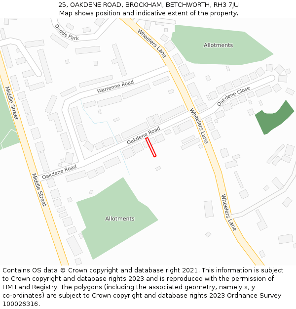 25, OAKDENE ROAD, BROCKHAM, BETCHWORTH, RH3 7JU: Location map and indicative extent of plot