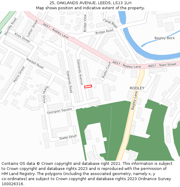 25, OAKLANDS AVENUE, LEEDS, LS13 1LH: Location map and indicative extent of plot