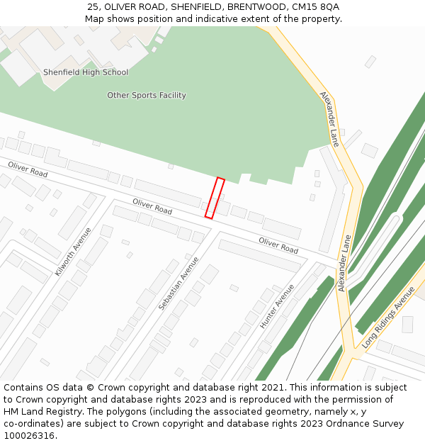 25, OLIVER ROAD, SHENFIELD, BRENTWOOD, CM15 8QA: Location map and indicative extent of plot