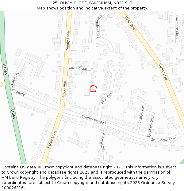 25, OLIVIA CLOSE, FAKENHAM, NR21 9LP: Location map and indicative extent of plot