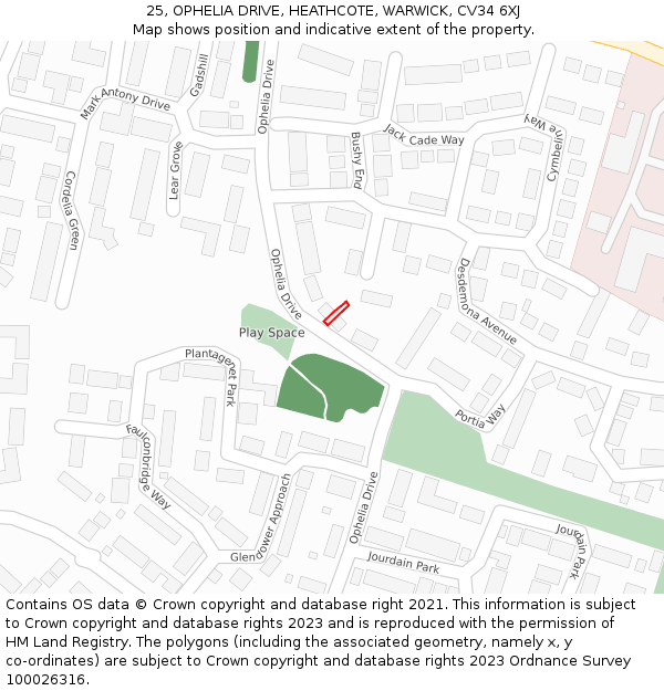 25, OPHELIA DRIVE, HEATHCOTE, WARWICK, CV34 6XJ: Location map and indicative extent of plot