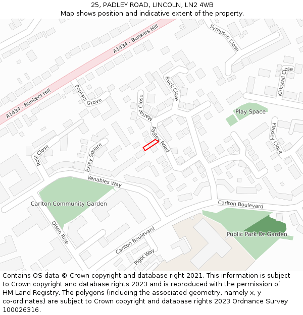 25, PADLEY ROAD, LINCOLN, LN2 4WB: Location map and indicative extent of plot