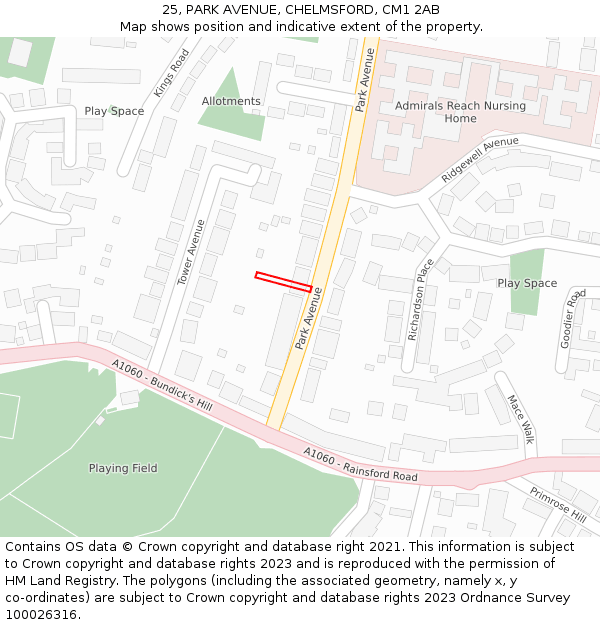 25, PARK AVENUE, CHELMSFORD, CM1 2AB: Location map and indicative extent of plot