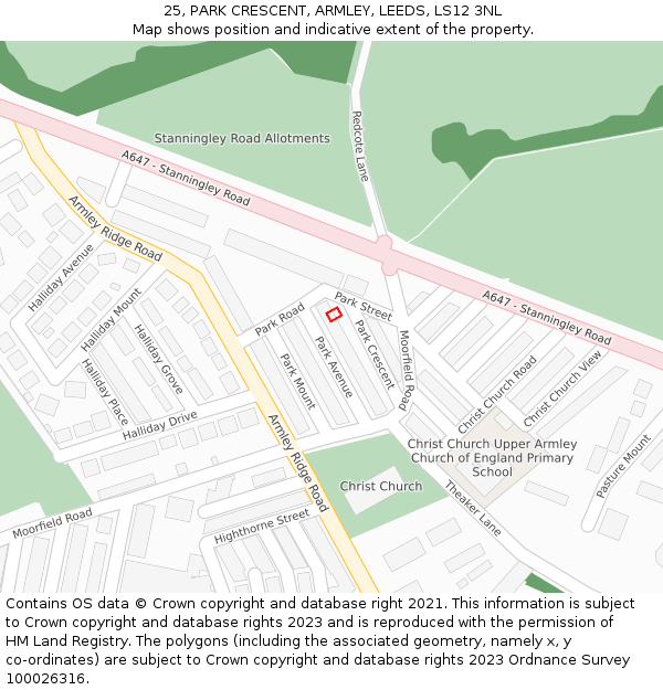 25, PARK CRESCENT, ARMLEY, LEEDS, LS12 3NL: Location map and indicative extent of plot