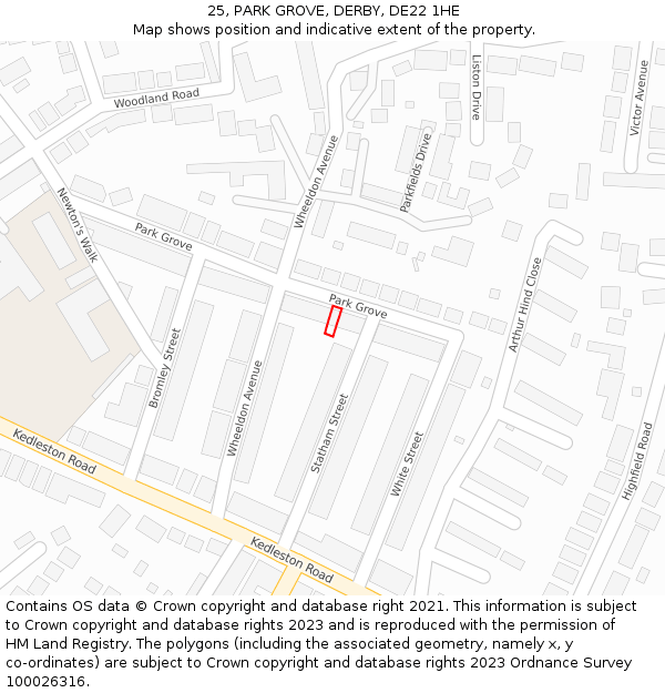 25, PARK GROVE, DERBY, DE22 1HE: Location map and indicative extent of plot