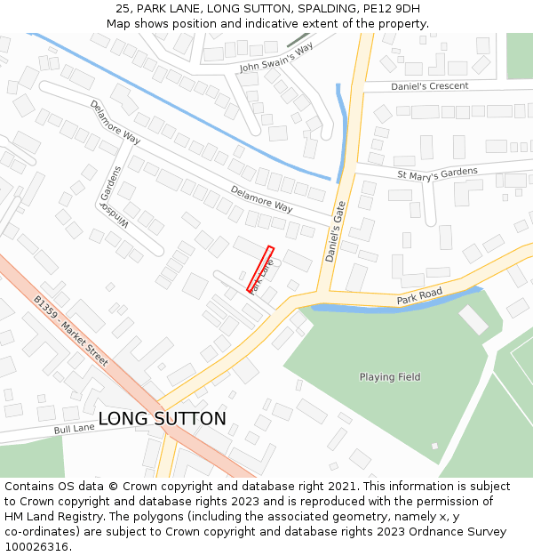 25, PARK LANE, LONG SUTTON, SPALDING, PE12 9DH: Location map and indicative extent of plot