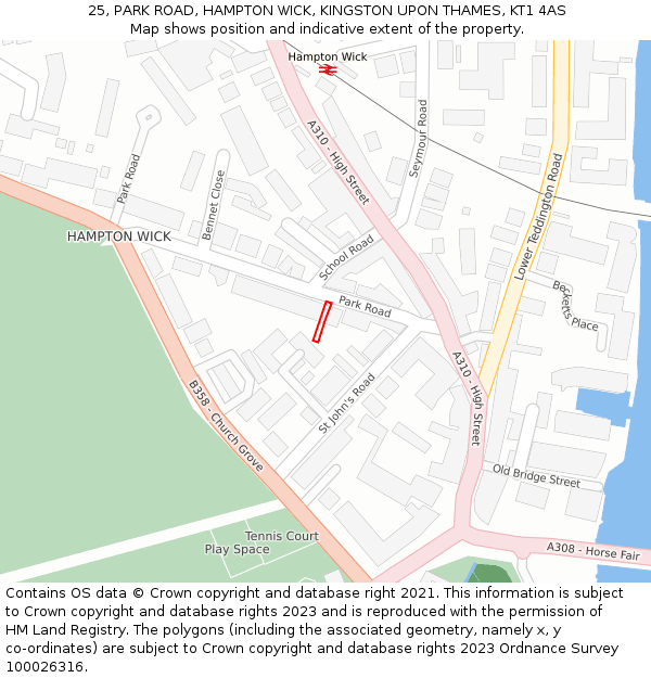 25, PARK ROAD, HAMPTON WICK, KINGSTON UPON THAMES, KT1 4AS: Location map and indicative extent of plot