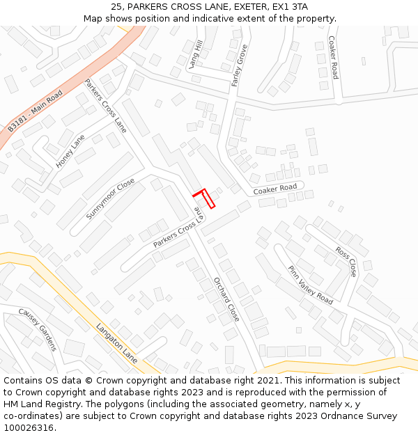 25, PARKERS CROSS LANE, EXETER, EX1 3TA: Location map and indicative extent of plot