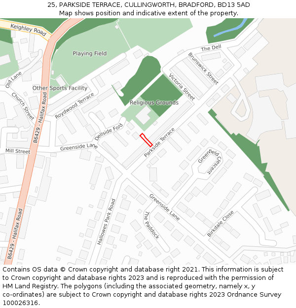 25, PARKSIDE TERRACE, CULLINGWORTH, BRADFORD, BD13 5AD: Location map and indicative extent of plot