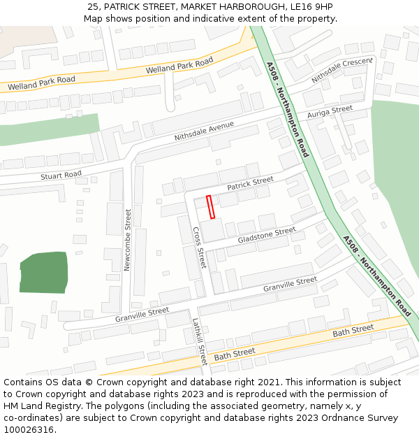 25, PATRICK STREET, MARKET HARBOROUGH, LE16 9HP: Location map and indicative extent of plot