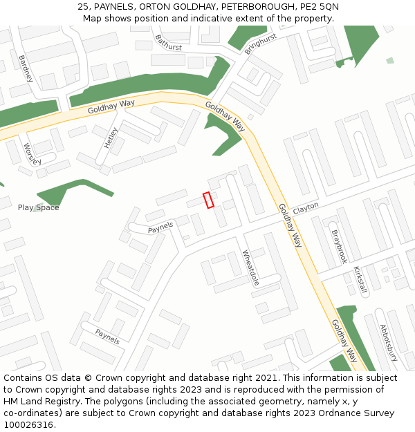 25, PAYNELS, ORTON GOLDHAY, PETERBOROUGH, PE2 5QN: Location map and indicative extent of plot