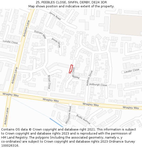 25, PEEBLES CLOSE, SINFIN, DERBY, DE24 3DR: Location map and indicative extent of plot