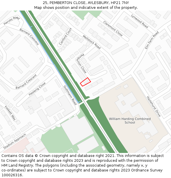 25, PEMBERTON CLOSE, AYLESBURY, HP21 7NY: Location map and indicative extent of plot