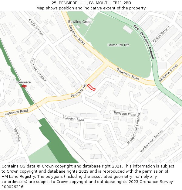 25, PENMERE HILL, FALMOUTH, TR11 2RB: Location map and indicative extent of plot