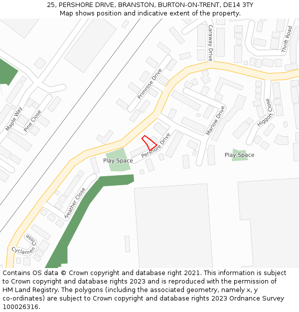 25, PERSHORE DRIVE, BRANSTON, BURTON-ON-TRENT, DE14 3TY: Location map and indicative extent of plot