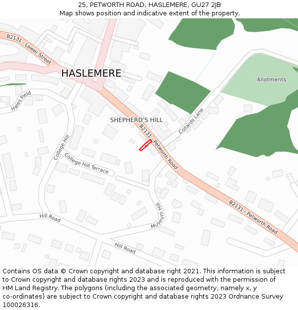 25, PETWORTH ROAD, HASLEMERE, GU27 2JB: Location map and indicative extent of plot