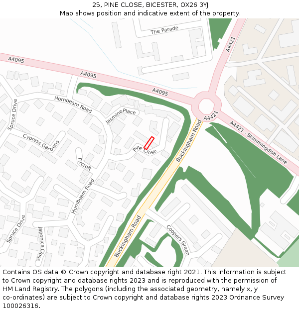 25, PINE CLOSE, BICESTER, OX26 3YJ: Location map and indicative extent of plot