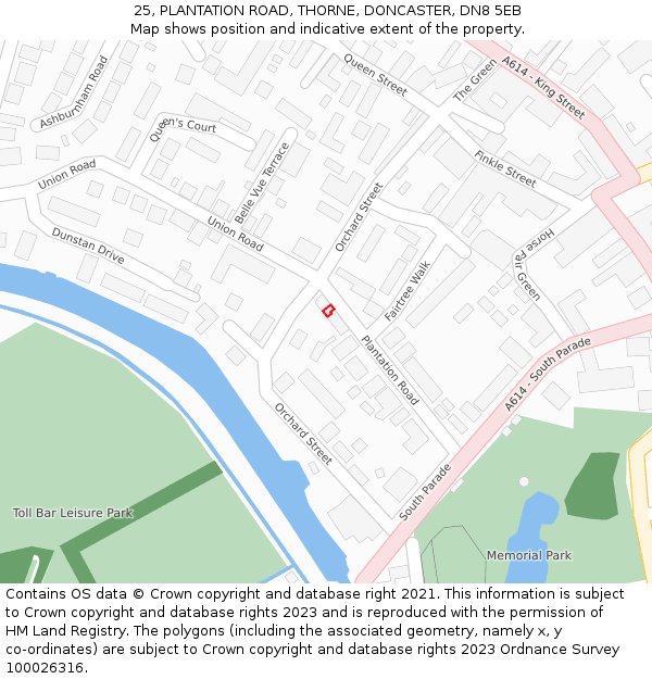 25, PLANTATION ROAD, THORNE, DONCASTER, DN8 5EB: Location map and indicative extent of plot