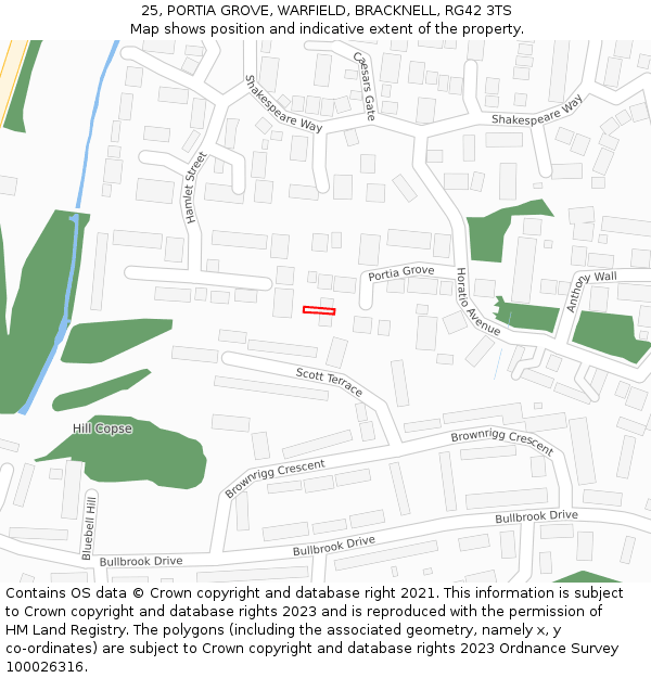 25, PORTIA GROVE, WARFIELD, BRACKNELL, RG42 3TS: Location map and indicative extent of plot