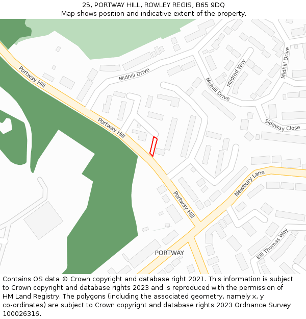 25, PORTWAY HILL, ROWLEY REGIS, B65 9DQ: Location map and indicative extent of plot