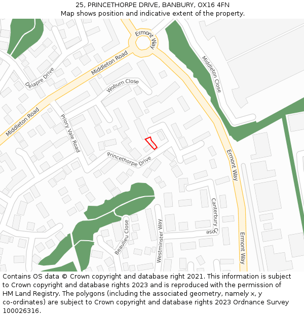 25, PRINCETHORPE DRIVE, BANBURY, OX16 4FN: Location map and indicative extent of plot