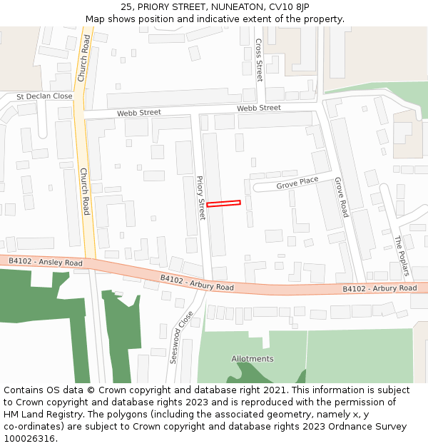 25, PRIORY STREET, NUNEATON, CV10 8JP: Location map and indicative extent of plot