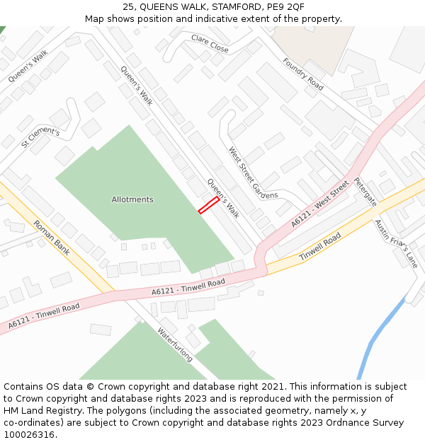 25, QUEENS WALK, STAMFORD, PE9 2QF: Location map and indicative extent of plot