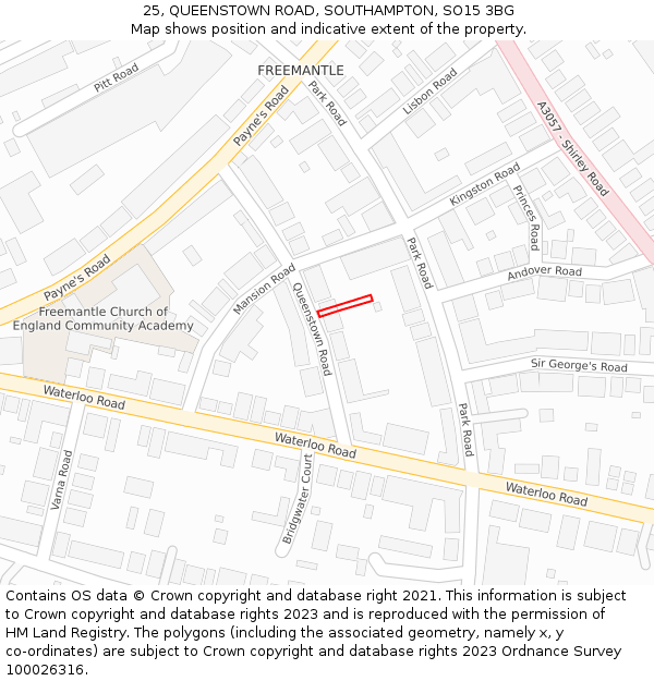 25, QUEENSTOWN ROAD, SOUTHAMPTON, SO15 3BG: Location map and indicative extent of plot