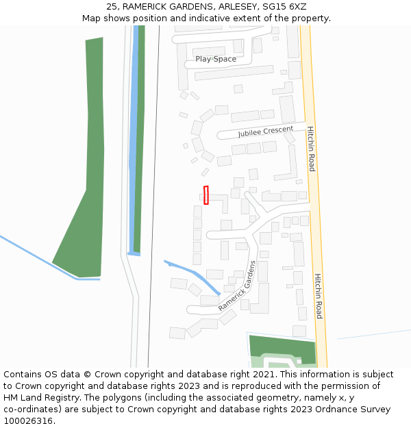 25, RAMERICK GARDENS, ARLESEY, SG15 6XZ: Location map and indicative extent of plot